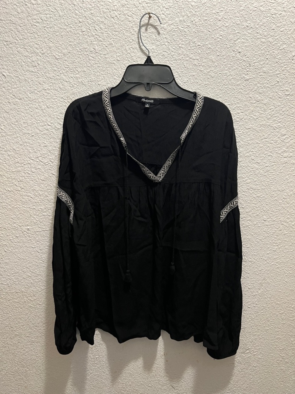 Madewell Black Long-Sleeve Embroidered Peasant Blouse